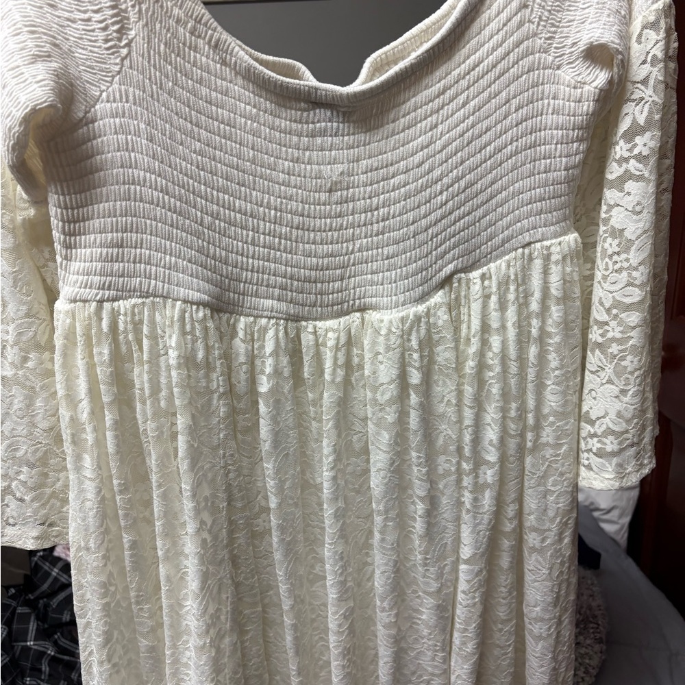 NWOT TORRID 3 CREAM OFF THE SHOULDER LACE BELL SLEEVES BABYDOLL SMOCKED DRESS - Picture 10 of 15